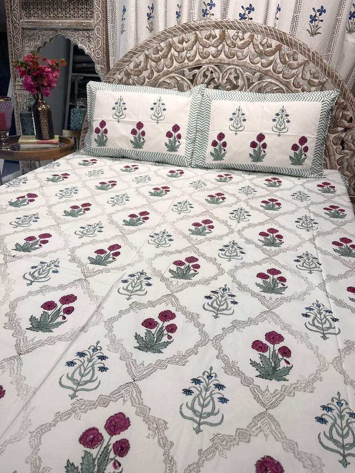 Hand Block Cotton Bedsheet | Noorah Bedsheet | Flat or Fitted - The Decor Central