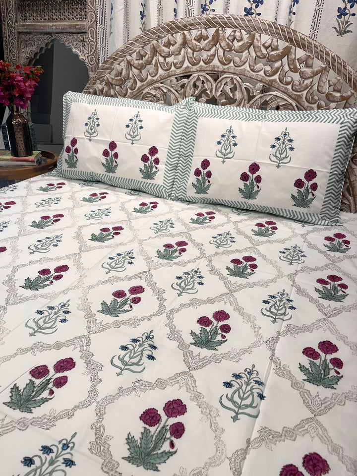 Hand Block Cotton Bedsheet | Noorah Bedsheet | Flat or Fitted - The Decor Central