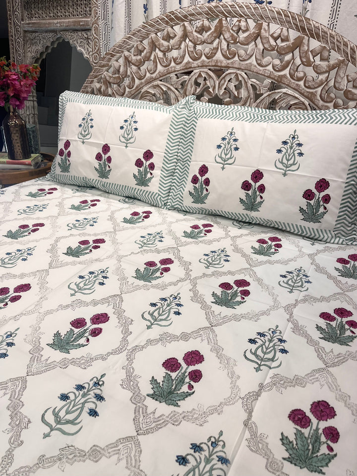 Hand Block Cotton Bedsheet | Noorah Bedsheet | Flat or Fitted - The Decor Central