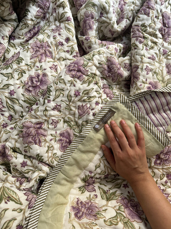 Sage Hand Block Organic Mulmul Cotton Quilt | - The Decor Central